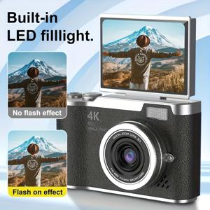 TEMU 4K 울트라 HD 플립 스크린 디지털 카메라 - 초보자용, USB 충전식, 4K 메가 픽셀 CCD 센서, 4K 비디오 녹화, 1080P HD 사진, 색상(핑크/화이트/블랙), 초보자용 사진 촬영, 현대적인 미학, 고품질 렌즈