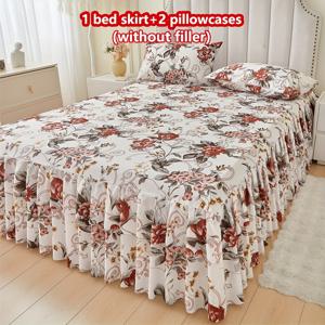 TEMU 3pcs 화려한 꽃과 풍성한 잎 프린트 침대 스커트 세트 - 1 스커트 + 2 베개 커버 (내부 없음), 부드럽고 편안한, 다층 러플 디테일이 있는 쉬운 타이-탑 디자인, 플리츠 스커트 밑단, 침대 보호 커버로 침실 분위기를 개선하는 침실 장식|화려한 침구|폴리에스터 소재, 침구 액세서리|매트리스커버