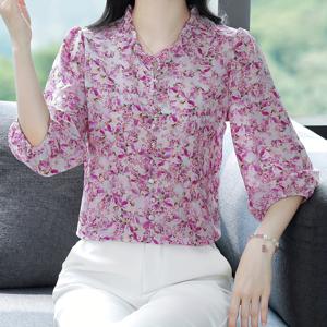 TEMU 봄/여름 플로럴 프린트 버튼 프런트 셔츠 - V넥, 3/4 소매 - 여성 패션, 폴리에스터 블렌드, 소매 러플 디테일