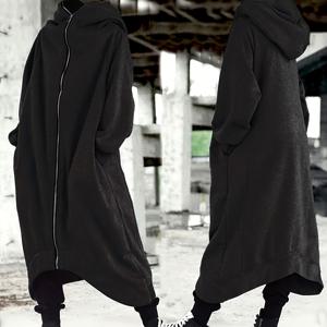 TEMU 여성용 오버사이즈 블랙 후드, 풀지퍼 디자인, 긴 소매, 앞주머니 - 포근한 폴리에스터 혼방 캐주얼 가을/겨울 착용, 고딕 스타일이나 일상적인 편안함에 완벽함