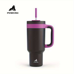 TEMU POWCAN 40oz 보온 스테인리스 텀블러 손잡이 포함, 누수 방지 여행용 머그컵, 빨대 & 마시기 뚜껑, 식기세척기 사용 가능, 음료를 34시간 동안 차갑게 유지, 차량 컵 홀더에 맞음 - 다크 퍼플|텀블러