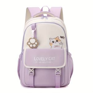 TEMU 1pc 귀엽고 사랑스러운 고양이 프린트 옥스포드 스쿨 백팩 여아용, 조절 가능한 어깨 끈, 접이식, 젖은 물티슈 세척, 지퍼 잠금, 폴리에스터 안감, 고등학교, 중학교, 대학용 대용량 - 3-6학년