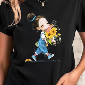TEMU 봄과 여름에 인기 있는 여아용 프린트 반팔 티셔츠로, 꽃무늬 프린트와 둥근 목이 특징인 루즈하고 캐주얼한 디자인입니다.