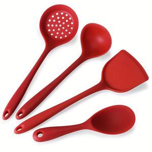TEMU 4pcs 식품용 실리콘 주방 세트: 뒤집개, 국자, 구멍이 있는 숟가락 & 밥주걱 - 내열성, BPA 프리, 요리·서빙·튀김용