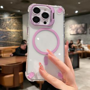 TEMU 4-Corners 카메라 홀더 스탠드 카메라 렌즈 필름 케이스와 호환되는 for iphone 16 Pro Max 15 14 11 투명한 하드 PC 자석 무선 충전 커버