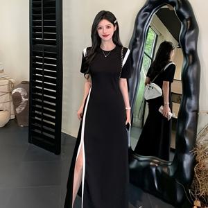 TEMU 플러스 사이즈 여성용 우아한 중국 스타일 여름 드레스 - 블랙 & 화이트 대비 라운드 넥 반팔, A라인 미디 사이드 슬릿 루즈핏 캐주얼 및 프로페셔널 착용용