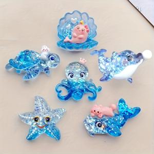 TEMU 혼합 카툰 블루 오션 시리즈 레진 장식 비즈 세트 6개 - 반짝이는 거북이, 문어, , 조개, 돌고래 스태츄, 스크랩북, DIY, 결혼식, 보석류, 장식품, 데칼, 공예 및 액세서리에 완벽