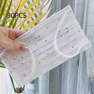 TEMU 30pcs 우아한 사쿠라 테마 얼굴 마스크, 3층 디자인 핑크, 블루, 옐로우 - 스타일리시한 탄성 핏, 성인용 장식 프린트, 일회용, 폴리프로필렌 소재, 스타일리시한 얼굴 커버 | 꽃무늬 패턴 마스크 | 내구성 있는 얼굴 마스크, 얼굴 마스크