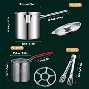 TEMU 5개 세트 1200ml 스테인리스 스틸 딥 프라이어, 연장 손잡이 포함, 면 요리용 스트레이너 스켈렛, 음식 가열 가능, 휴대용 냄비 - 면, 생선, 새우, 치킨 및 감자튀김에 적합, 천공 디자인, 가정용 및 야외 사용에 이상적인 빠른 가열 주방 도구 | 다기능 일체형 주방 용품