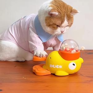 TEMU 배터리 필요 없는 상호작용 고양이 사료 장난감 - 모든 고양이를 위한 수동 프레스 식품 디스펜서, 내구성 있는 쉬운 청소 플라스틱 오리 디자인 & 실내/외부 놀이 및 훈련을 위한 간식 분배기, 안전한 애완 동물 재질