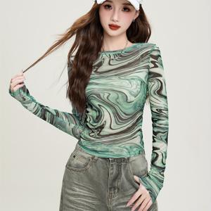 TEMU 여성용 캐주얼 긴팔 마블 프린트 상의, 화이트 캡 포함 - 세련된, 트렌디한, 통기성이 뛰어난, 봄/여름/가을에 이상적인 캐주얼 의상|마블 프린트 상의|캐주얼 스타일