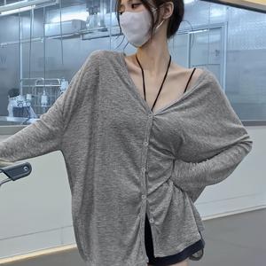 TEMU 여성용 가벼운 통기성 세미시어 카디건 - 루즈핏 긴팔 오픈 프론트 버튼 디테일, 여름 레이어링 피스, 일본 한국 패션 스타일 캐주얼 시크 솔리드 컬러, 봄 옷장 필수 아이템, 우아한 드레이프 디자인, 트렌디한 아웃핏|가디건