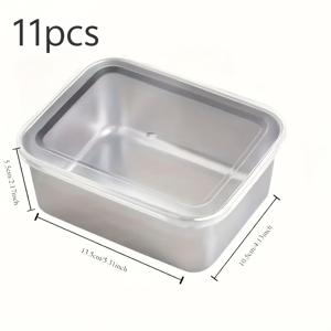 TEMU 스테인리스 스틸 식품 보관 용기 세트 11pcs, 사각 도시락통, 수동 뚜껑, 손세척 가능, 미리 준비 및 야외 피크닉에 이상적, 다용도 냉장고 보관 & 포장 솔루션, 필수 피크닉 액세서리 | 매끄러운 스테인리스 표면 | 안전한 뚜껑 잠금