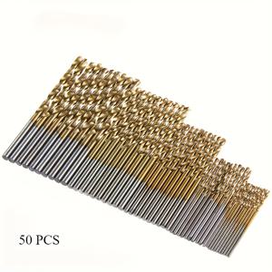 TEMU 50개 티타늄 코팅 고속강 드릴 비트 세트 - 금속 및 목재용 1-3mm 탄소강, 라운드 샹크, 스파이럴 플루트 디자인, 혼합 사이즈, 메탈 박스 포함, 내구성 있는 드릴 | 목공용