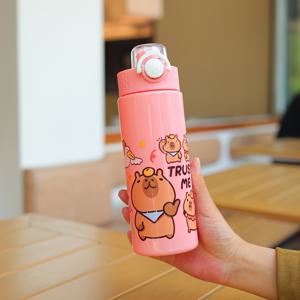 TEMU 600ml 귀여운 카피바라 프린트 물병, 누출 방지, PC 소재, 실리콘 스푼 포함, 스포츠, 야외, 학교, 피크닉, 캠핑, 어머니의 날, 아버지의 날, 졸업 시즌을 위한 이상적인 선물, 야외 수분 보충|재미있는 디자인|PC 소재 병