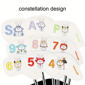 TEMU 9개의 골프 아이언 캡 세트, 클럽 보호 커버, 토끼 모양의 별자리 디자인, 고급 PU 클럽 헤드 보호 커버, 방수 및 내마모성, 신선한 색상 매칭, 각 클럽 커버에는 다른 별자리 모양이 있습니다, 또한 클럽 헤드에 긁힘을 방지하기 위해 벨벳 안감이 있습니다.
