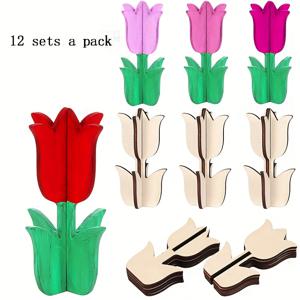 TEMU 12개 DIY 미완성 목재 튤립 - 컬러 마커가 있는 페인트 가능한 3D 봄 꽃 컷아웃, 공예 및 홈 데코에 이상적, 레이어드 트레이 디스플레이용 빈 목재 칩 포함, 페인트 가능한 목재 장식 | 맞춤형 장식 | 레이어드 트레이 액세서리