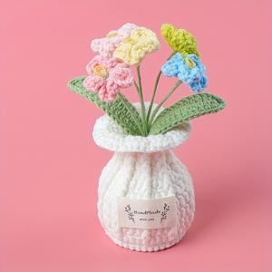TEMU 수제 양모 크로셰 팬지 꽃병 - 보라색 & 노란색 플로랄 테이블탑 장식, 데이용 홈 , 전원 필요 없음, 장식 선물 | 크로셰 플로럴 디자인 | 공예 세부 사항