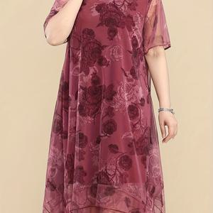 TEMU 여성용 꽃무늬 셔폰 튜닉 드레스, 캐주얼 크루 넥 반팔 미디 드레스, 비대칭 계층형 밑단, 폴리에스터 100% 직조 원단, 약간의 신축성, 봄/여름/가을 주말 캐주얼 착용용|쉬폰원피스