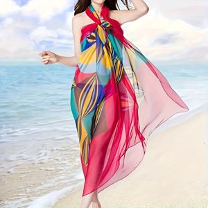 TEMU 여성의 우아한 여름 해변 숄 - 대형, 통기성이 좋은 폴리에스터 스카프, 붉은색, 노란색, 파란색, 핑크색의 생동감 있는 기하학적 프린트 - 해변 여행, 수영장, 캐주얼한 옷에 완벽한 해변 커버업, 수영장 액세서리, 스타일리시한 액세서리, 가벼운 원단