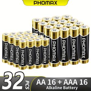 TEMU PHOMAX AA16+AAA16 알카라인 배터리 1.5V, LR6+LR03 조합 세트 총 32개, 이중 전력, 더 내구성. 지문 잠금장치, 비밀번호 잠금장치, 스마트 도어락, 마이크, 계산기, 마우스, 리모컨, 장난감 등에 적합합니다. 배터리를 충전하지 마세요
