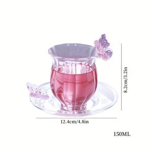 TEMU 2개 고강도 보로실리케이트 내열성 투명 수직 줄무늬 유리 나비넥타이 트레이 주스 밀크티 커피용 단층 대용량 150ml 라운드 마우스 티컵 과일차 단층 물잔