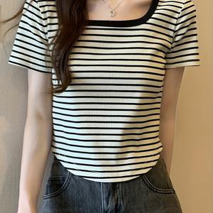 TEMU 여성용 세련된 스퀘어 넥 반팔 티셔츠 - 슬림핏, 캐주얼한 여름 상의, 블랙 & 화이트 수직 줄무늬, 가벼운 폴리에스터 블렌드, 봄/여름/가을용|반팔티|티셔츠|반팔티셔츠