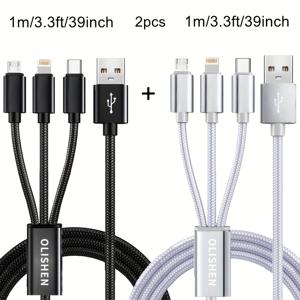TEMU 2개 3-in-1 고속 충전 케이블, 내구성이 뛰어난 나일론 브레이드, USB-C to USB-A & Micro USB, iPhone용 10-20W 전원 전달, for Samsung, Xiaomi, Oppo, Vivo, Redmi, OnePlus 및 기타, 블랙 및 블루 옵션, 충전 케이블 | 현대 케이블 디자인 | 거품 마감