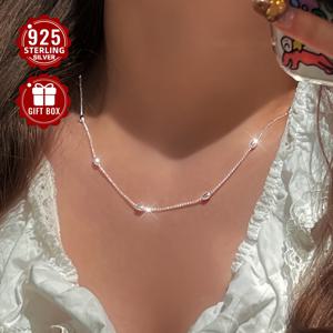 TEMU 여성을 위한 우아한 S925 스털링 실버 쌀알 모양의 둥근 비드 목걸이, 미니멀하고 세련된 올리브 비드 체인으로, 데일리 데이트에 적합합니다 (약 2.65g)
