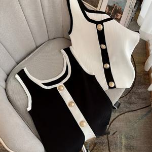 TEMU 2pcs 여성용 민소매 탱크탑 - 블랙 & 화이트 컬러블록 디자인, 메탈 버튼 라운드넥 롱라인 탑, 사계절 레이어링 가능, 캐주얼 & 포멀 웨어, 다재다능한 패션, 한국 스타일 컨트라스트 컬러 디자인