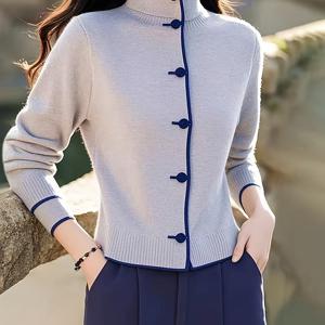 TEMU 여성용 아시안 스타일 만다린 칼라 가디건 - 라이트 그레이 버튼 프론트 긴팔 봄 스웨터, H라인 디자인, 세탁기 사용 가능, 캐주얼 & 오피스웨어, 사이드 타이, 우아한 디자인