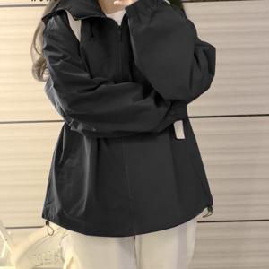 TEMU MIANZHI 여성용 경량 방풍 후드 재킷 - 보라색, 루즈핏 드로스트링 커프스, 지퍼 클로저, 긴 소매, 폴리에스터, 봄 & 가을 야외 활동에 완벽한 방풍 의류 | 재킷 | 안감 없는 내부