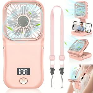TEMU 디지털 디스플레이가 있는 초박형 휴대용 미니 팬, USB 충전식 3000mAh 배터리, 조절 가능한 목걸이 스트랩, 개인 냉각 및 여행/스포츠용 3단 속도 - 핑크색, 충전식 팬