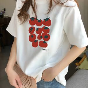 TEMU 여성용 Y2K 만화 토마토 프린트 반팔 티셔츠 - 슬림핏 세미시어 라운드넥 탑, 봄 여름 가을용 통기성 스트레치 원단, 캐주얼 및 레이어링 필수품, 캐주얼 웨어 | 슬림핏 셔츠 | 세미시어 질감