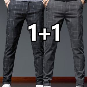 TEMU 남성용 투팩 여름 슬림핏 2025 체크무늬 비즈니스 캐주얼 레그 팬츠, 패셔너블하고 다목적 사계절 스포츠 레저 긴 바지, 통통방|스포츠|냉장고바지|남자바지