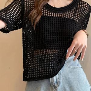 TEMU 여성용 여름 레이스 반팔 탑 - 세미시어 고신축 라운드넥 블라우스, 통기성 휴가 리조트웨어, 손세탁/드라이클리닝 가능, 레이스 셔츠, 오픈웍 디자인