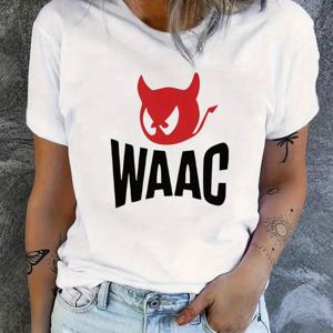TEMU WAAC 여성용 반팔 티셔츠 - 데빌 혼 & 볼드 WAAC 그래픽 프린트, 통기성 스트레치 소재, 캐주얼 라운드넥 탑, 스포츠 및 아웃도어 활동용, 사계절 편안함, S-XXL 사이즈, 귀여운 패션 의류, 비투명 소재