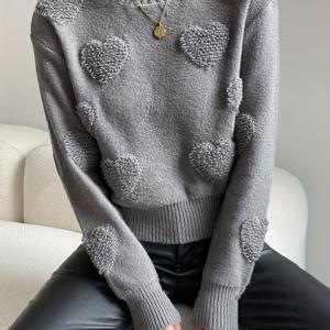 TEMU 여성용 틸 하트 패턴 드롭 숄더 스웨터 - 가을 겨울용 소프트 라운드넥 풀오버, 중동 스타일 엘레강스 컬렉션, 편안한 캐주얼 & 포멀 웨어, 귀여운 스웨터, 내구성 있는 따뜻한 원단