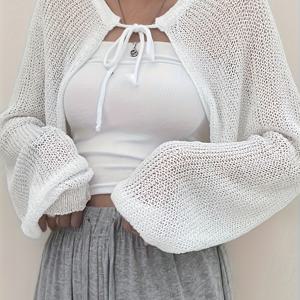 TEMU 여성 캐주얼 크롭 카디건 드로스트링 프론트 - 긴 소매, 단색, 오픈 프론트, 여유로운 핏, 봄/가을, 캐주얼 웨어 카디건 | 간단한 크롭 카디건 | 거울 Kni|가디건