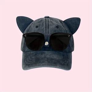 TEMU 귀여운 고양이 귀 조종사 안경 야구 모자 여성용, 스트리트 스타일 다재다능한 큰 머리 둘레 오리 부리 모자, 트렌디, 폴리에스터, 조절 가능, 비 늘어짐, 동물 테마 장인 정신, 가벼운 무작위 장식 액세서리 포함
