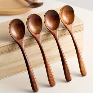 TEMU 4pcs 세트의 나무 숟가락, 건조 쌀 긴 손잡이 나무 숟가락, 일본 반도 볼 숟가락, 라면 숟가락, 수프 숟가락, 에본 나무