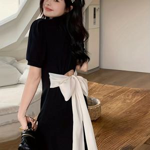 TEMU 1pc 우아한 단색 폴리에스터 드레스, 폴로 칼라와 백리스 디자인, 반팔, 봄/여름/가을에 다양하게 착용할 수 있는, 성인용 직조 A라인 드레스|가을원피스
