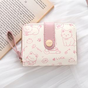 TEMU 매일의 우아함, 귀여운 고양이 패턴 여성용 대용량 지갑, 다양한 카드 슬롯 & 지퍼 동전 포켓 – 핑크/브라운/블랙 스타일리시한 짧은 바이폴드 디자인, PU 소재, 일상 사용에 완벽한 귀여운 지갑