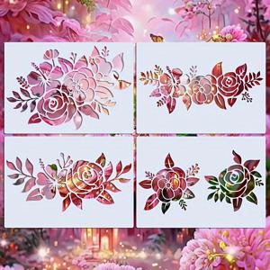 TEMU 4pcs 로즈 꽃무늬 스텐실 세트 - 현대 꽃 디자인 스텐실 - 나무, 캔버스, 종이, 캔버스 전이 벽 및 가구용 다용도 꽃 그림 스텐실 - 홈 장식 공예 도구, 그림, 캔버스 종이 직물 벽 가구