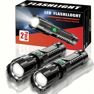 TEMU 2개 세트 고루멘 LED 전술 손전등, 3단계 조명 밝기 조절 & 텔레스코픽 줌 기능, USB 충전식 내장형 18650 리튬 배터리, 캠핑 및 등산용 휴대용 플래시라이트, 긴급 키트, 슬림한 디자인과 견고한 구조