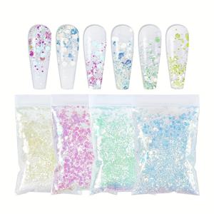 TEMU 4pcs 머메이드 시퀀스 글리터 가방 - 각 10g, 고광택, 향수 없음, 직사각형 두꺼운 홀로그래픽 네일 아트 액세서리, 매니큐어 디자인 및 장식용 스파크링 플레이크, 네일 아트 용품 | 글리터리 머메이드 테마 | 스파크링 머메이드 플레이크, 네일 장식, 배터리 없음