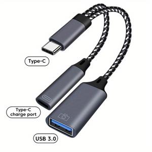 TEMU PD 고속 충전(5-10W) 기능이 있는 2-in-1 USB-C OTG 케이블 및 타입-C에서 USB-A 어댑터, 휴대폰·노트북·태블릿용 내구성 PVC 데이터 전송