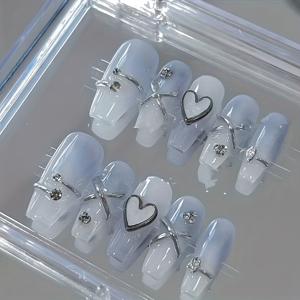 TEMU 10pcs 우아한 아이스 퍼즐 블루 네일 아트 - 발레 모양, 하트 & 스타 디자인, 재사용 가능한 DIY 네일 익스텐션, 결혼식, 파티, 휴일용, 웨딩 네일 | 우아한 네일 아트 | 광택 있는 네일