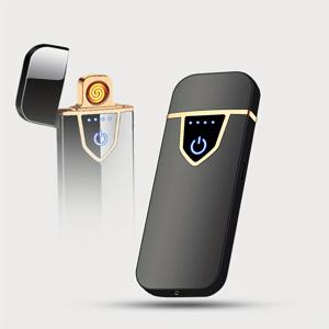 TEMU 1pc 스마트 인쇄 센서 남성용 방풍 플라즈마 라이터 - USB-C 충전식 초박형 코일 디자인, 전원 표시기, 불꽃 없음 및 터치 점화, 세련된 블랙/블루 액센트 - 아버지의 날 선물, 남편, 남자 친구 (생일, 기념일), 라이터 충전 가능, 현대 라이터, 내구성 있는 플라스틱 바디