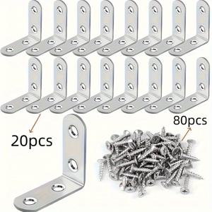 TEMU 100개, 20pcs L-브래킷 금속 앵글 아이언 세트 (1.57x1.57인치) + 나사 80개 포함, 목재 선반, 의자, 테이블, 가구용 실버색 고정 장식품